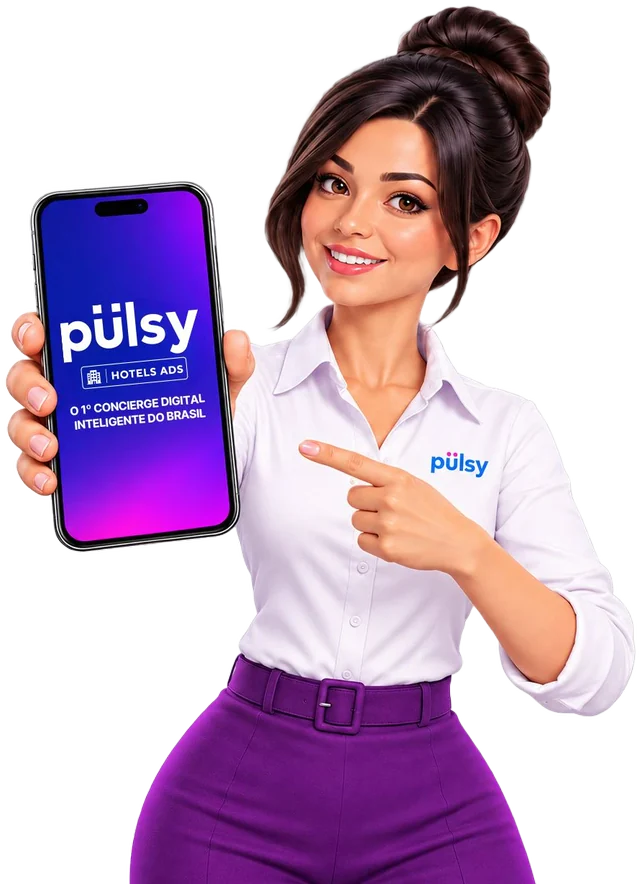 Ilustração da Agente LUCY, de camisa branca com a marca Pulsy, mostrando um celular com a tela do Pulsy Hotels Ads